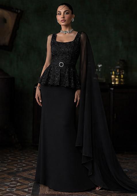 Black Embroidered Net Fusion Set