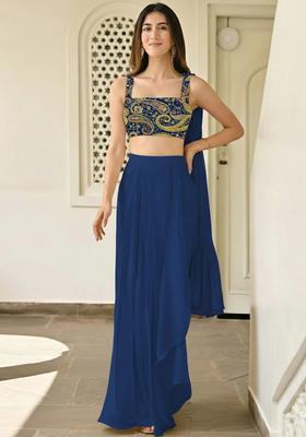 Navy Blue Embroidered Crepe Fusion Set