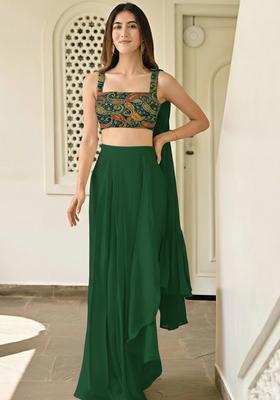 Dark Green Embroidered Crepe Fusion Set