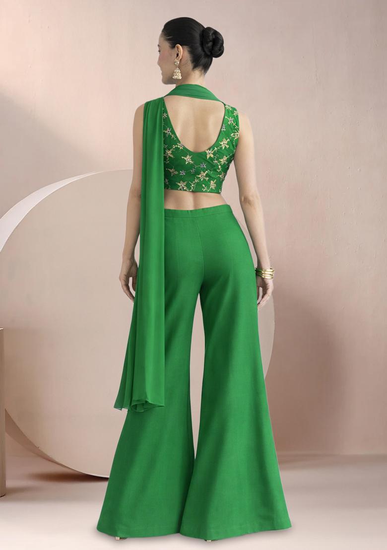 Green Sequin Crepe Fusion Set - Indya