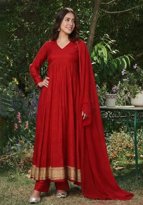 Red Zari Silk Blend Anarkali Set