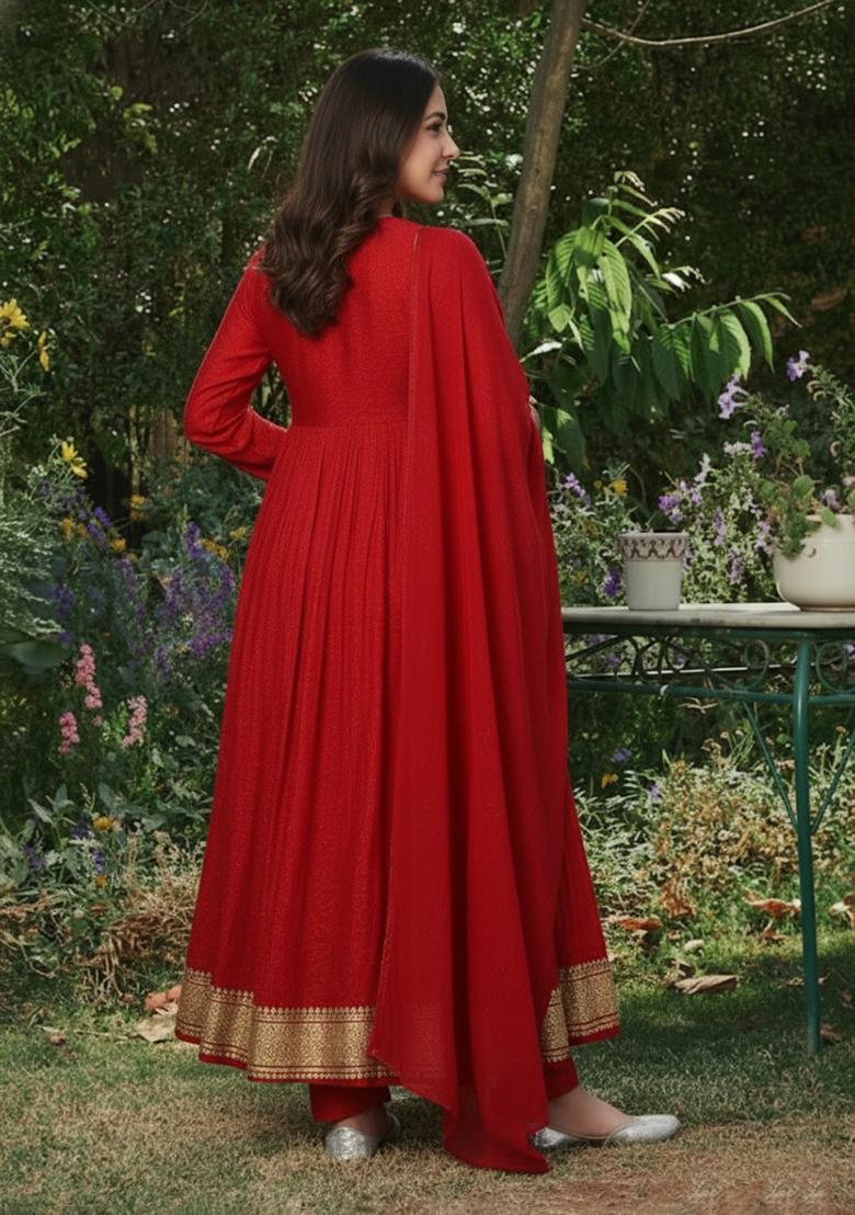 Red Zari Silk Blend Anarkali Set - Indya