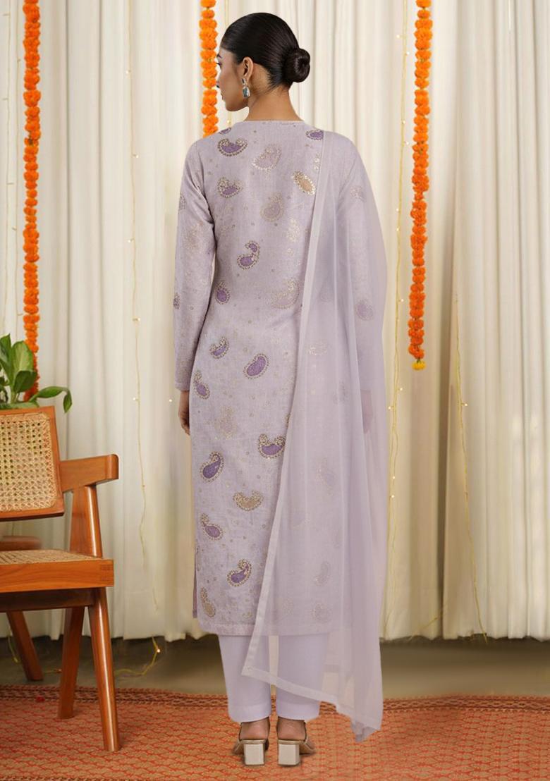 Lavender Embroidered Chanderi Straight Kurta Set - Indya