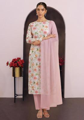 Pink Floral Print Crepe Straight Kurta Set