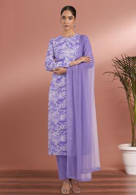 Lavender Floral Print Crepe Straight Kurta Set