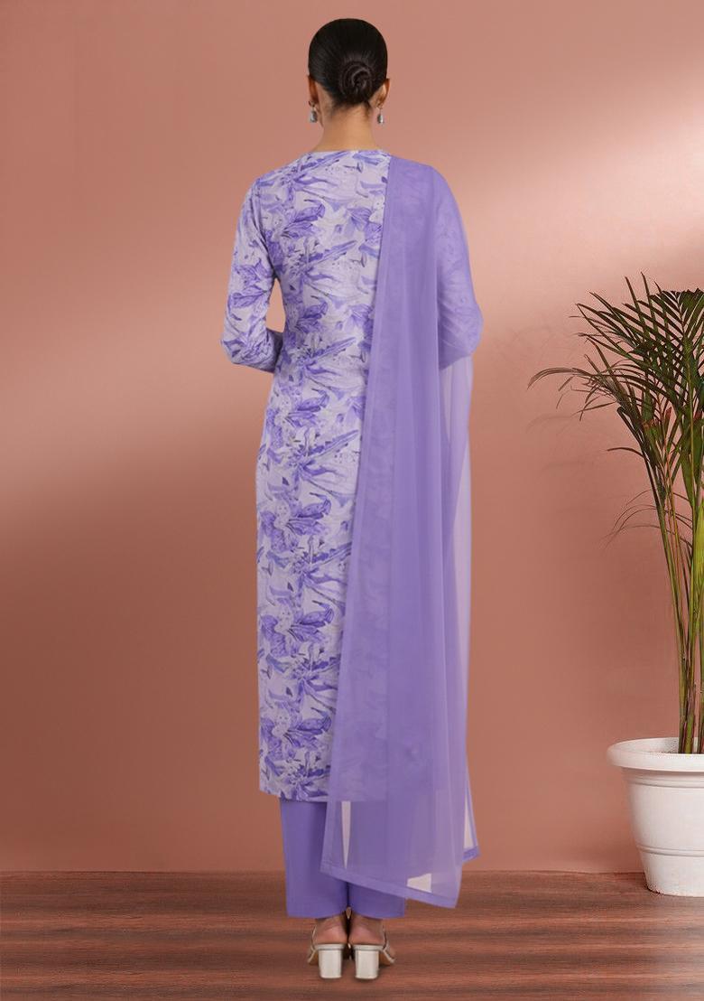 Lavender Floral Print Crepe Straight Kurta Set - Indya