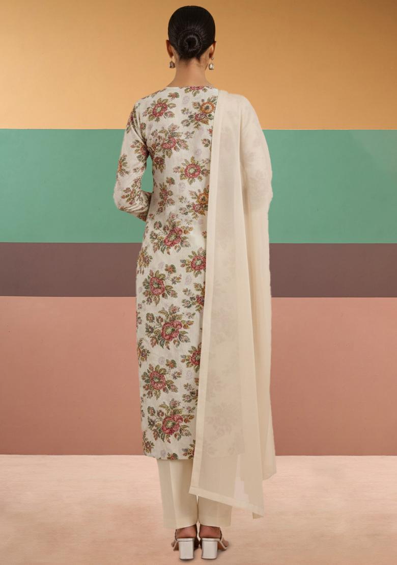 Cream Floral Print Organza Straight Kurta Set - Indya
