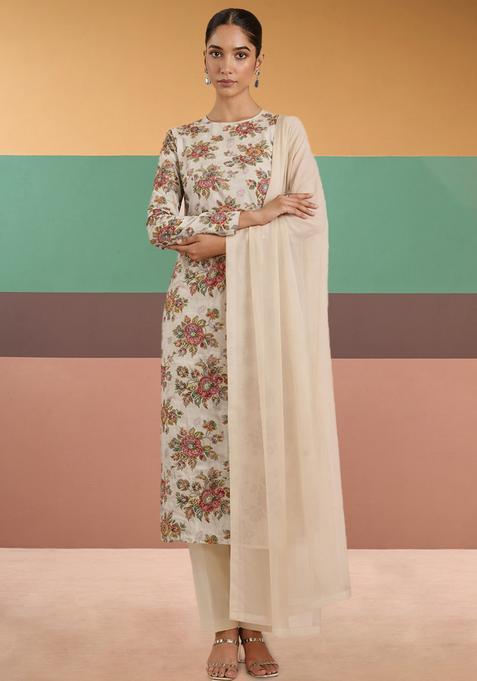 Cream Floral Print Organza Straight Kurta Set
