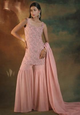 Pink Embroidered Linen Sharara Set