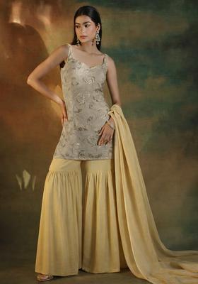 Beige Gold Embroidered Linen Sharara Set