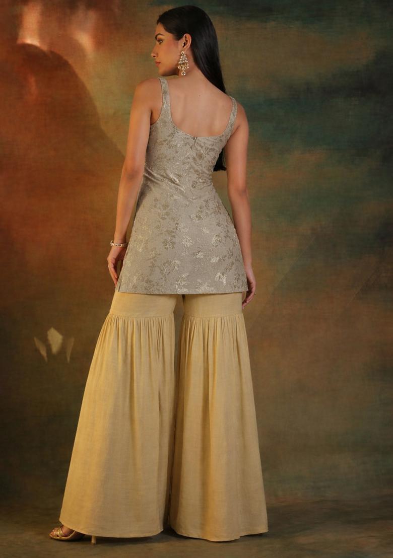 Beige Gold Embroidered Linen Sharara Set - Indya