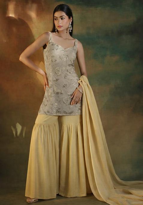 Beige Gold Embroidered Linen Sharara Set