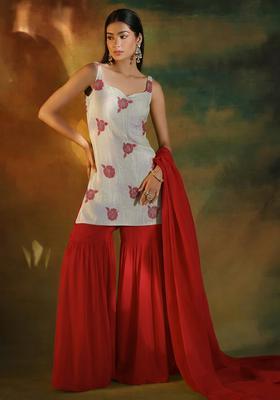 Red Embroidered Crepe Sharara Set