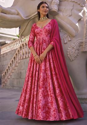 Pink Solid Velvet Anarkali With Dupatta
