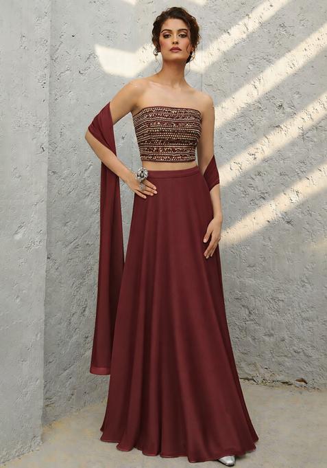 Burgundy Sequin Georgette Lehenga Set