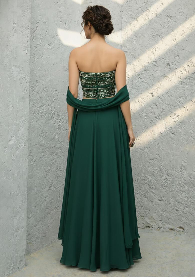 Dark Green Sequin Georgette Lehenga Set - Indya