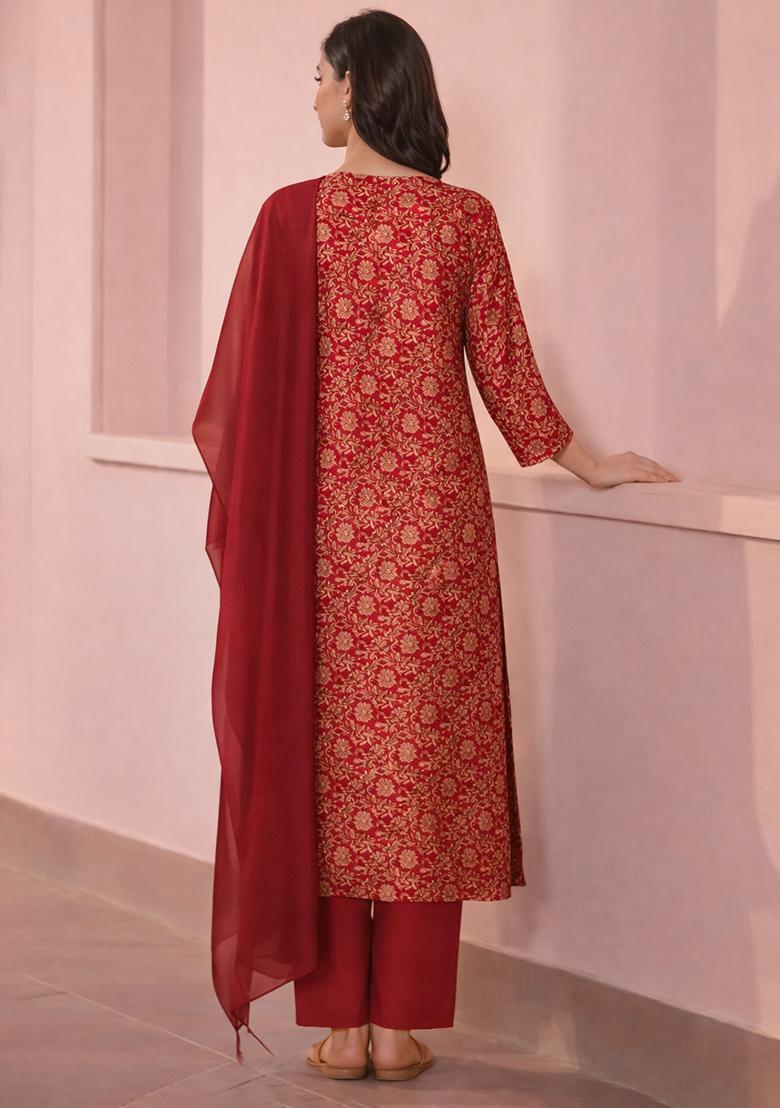 Red Printed Silk Blend Straight Kurta Set - Indya