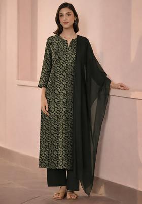Grey Printed Silk Blend Straight Kurta Set