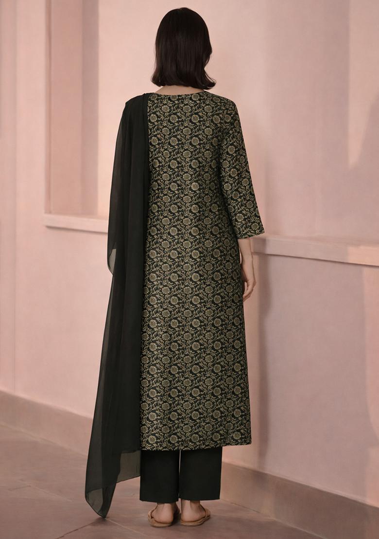 Grey Printed Silk Blend Straight Kurta Set - Indya