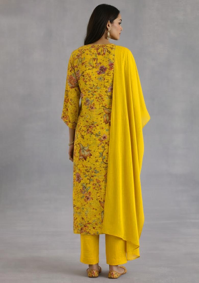 Yellow Floral Print Crepe Straight Kurta Set - Indya