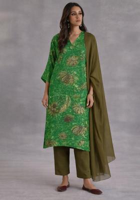 Moss Green Floral Print Crepe Straight Kurta Set