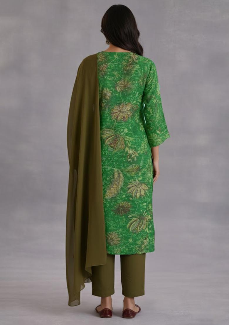 Moss Green Floral Print Crepe Straight Kurta Set - Indya