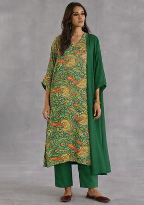 Bottle Green Printed Silk Blend Straight Kurta Set