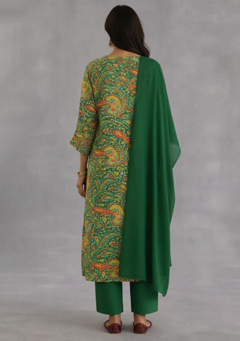 Bottle Green Printed Silk Blend Straight Kurta Set - Indya