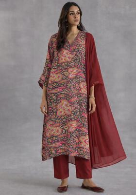 Maroon Printed Silk Blend Straight Kurta Set