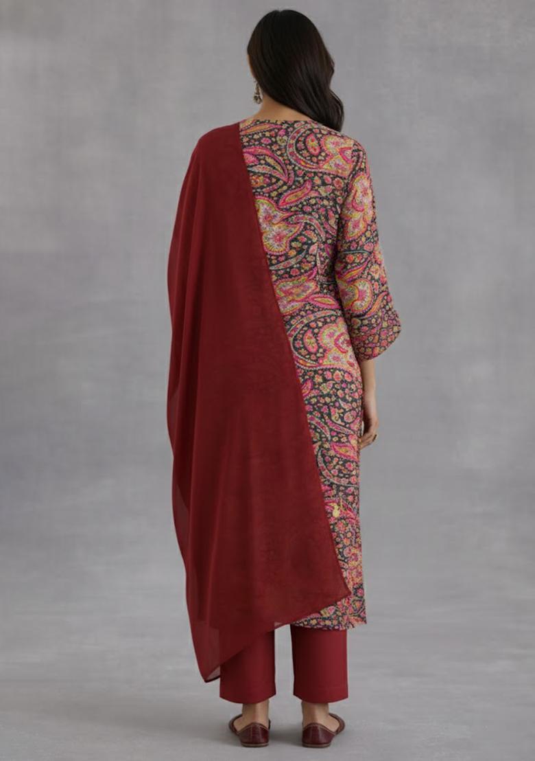 Maroon Printed Silk Blend Straight Kurta Set - Indya