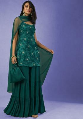 Teal Green Sequin Velvet Sharara Set