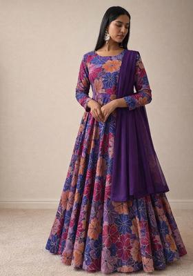 Purple Floral Print Crepe Anarkali With Dupatta