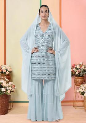 Ice Blue Embroidered Georgette Sharara Set