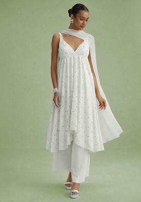 Off White Embellished Georgette A Line Kurta Set