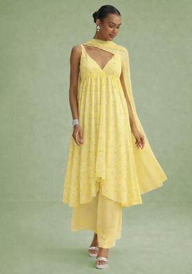 Lemon Yellow Embroidered Georgette A Line Kurta Set