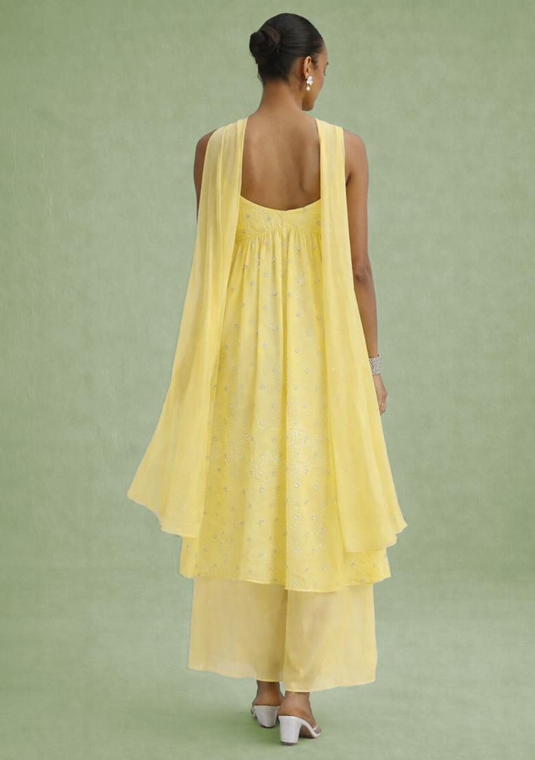 Lemon Yellow Embroidered Georgette A Line Kurta Set - Indya