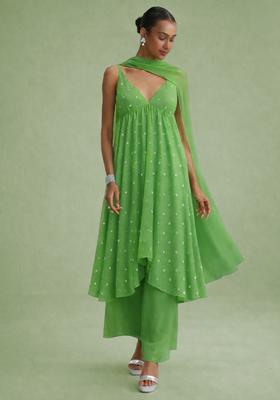 Green Embellished Georgette A Line Kurta Set