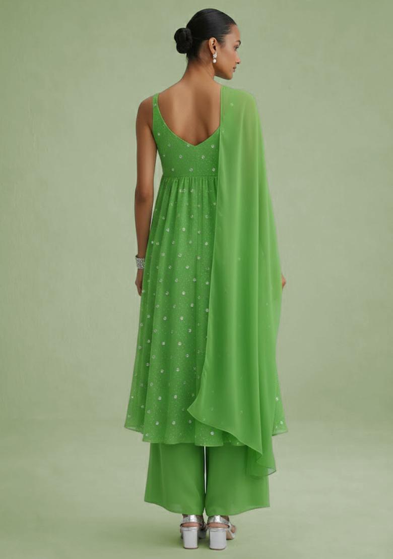 Green Embellished Georgette A Line Kurta Set - Indya