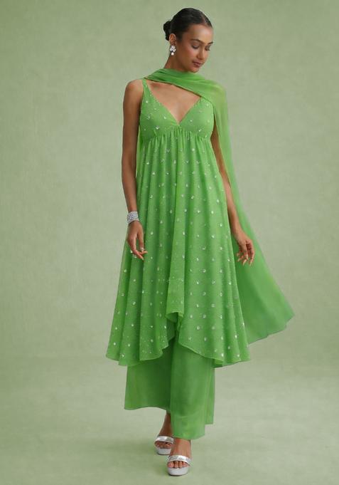 Green Embellished Georgette A Line Kurta Set