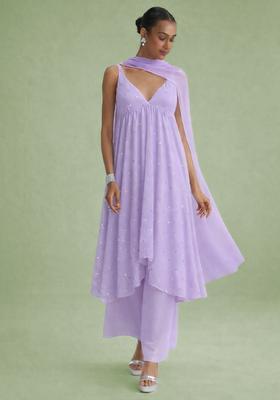 Lavender Embellished Georgette A Line Kurta Set