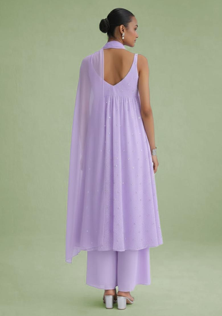 Lavender Embellished Georgette A Line Kurta Set - Indya