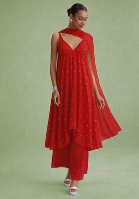 Deep Red Embellished Georgette A Line Kurta Set