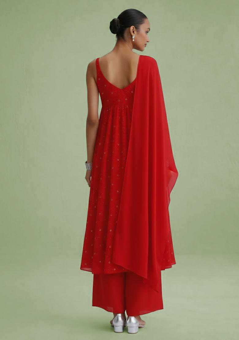 Deep Red Embellished Georgette A Line Kurta Set - Indya