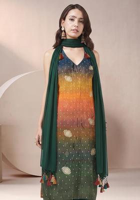 Bottle Green Tie And Dye Crepe Straight Kurta Set