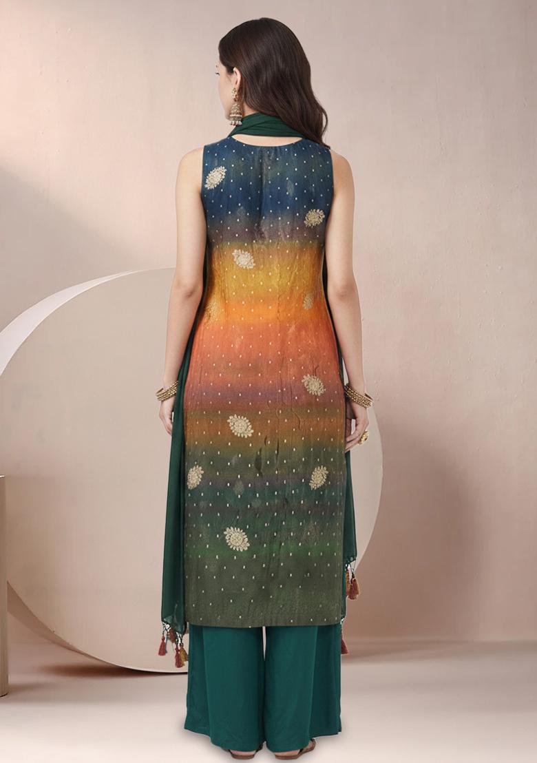 Bottle Green Tie And Dye Crepe Straight Kurta Set - Indya