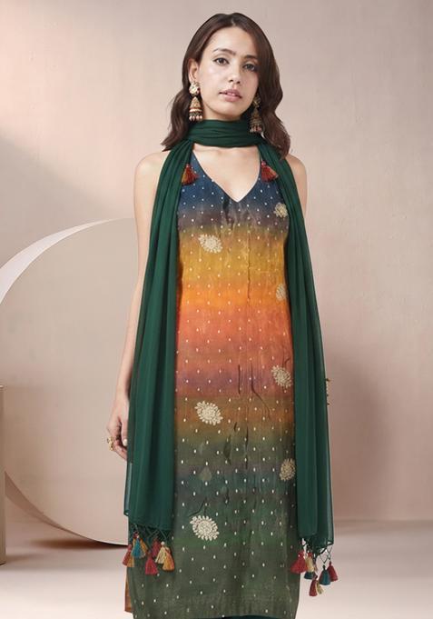 Bottle Green Tie And Dye Crepe Straight Kurta Set
