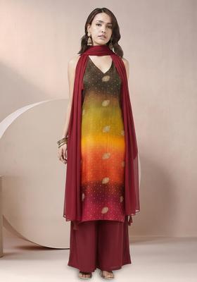 Red Tie And Dye Crepe Straight Kurta Set