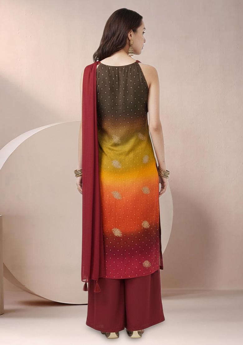 Red Tie And Dye Crepe Straight Kurta Set - Indya