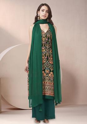 Dark Green Printed Crepe Pakistani Suit Set