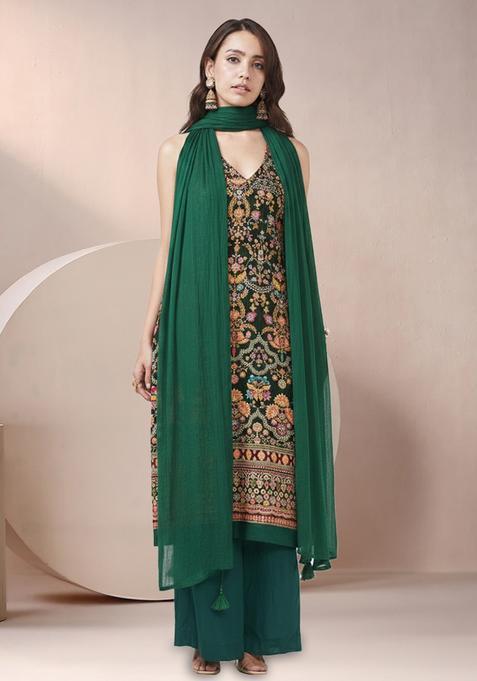 Dark Green Printed Crepe Pakistani Suit Set